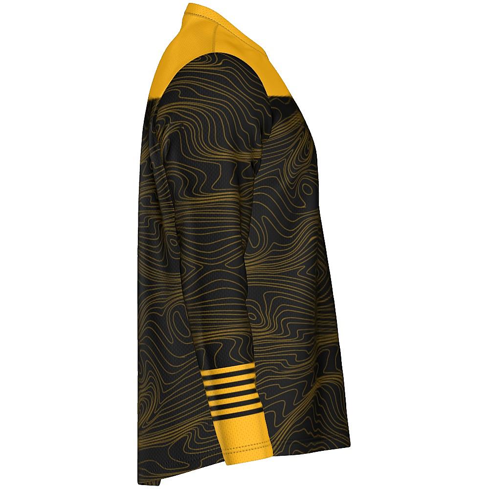 Black long-sleeve shirt with yellow accents and topographic design on a white background