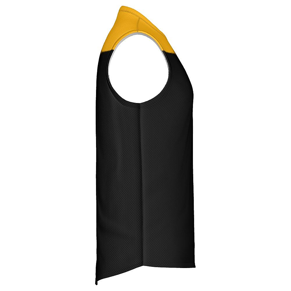 Black sleeveless shirt with yellow shoulders on a white background