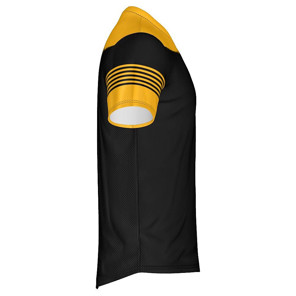 Black shirt with yellow accents on a white background