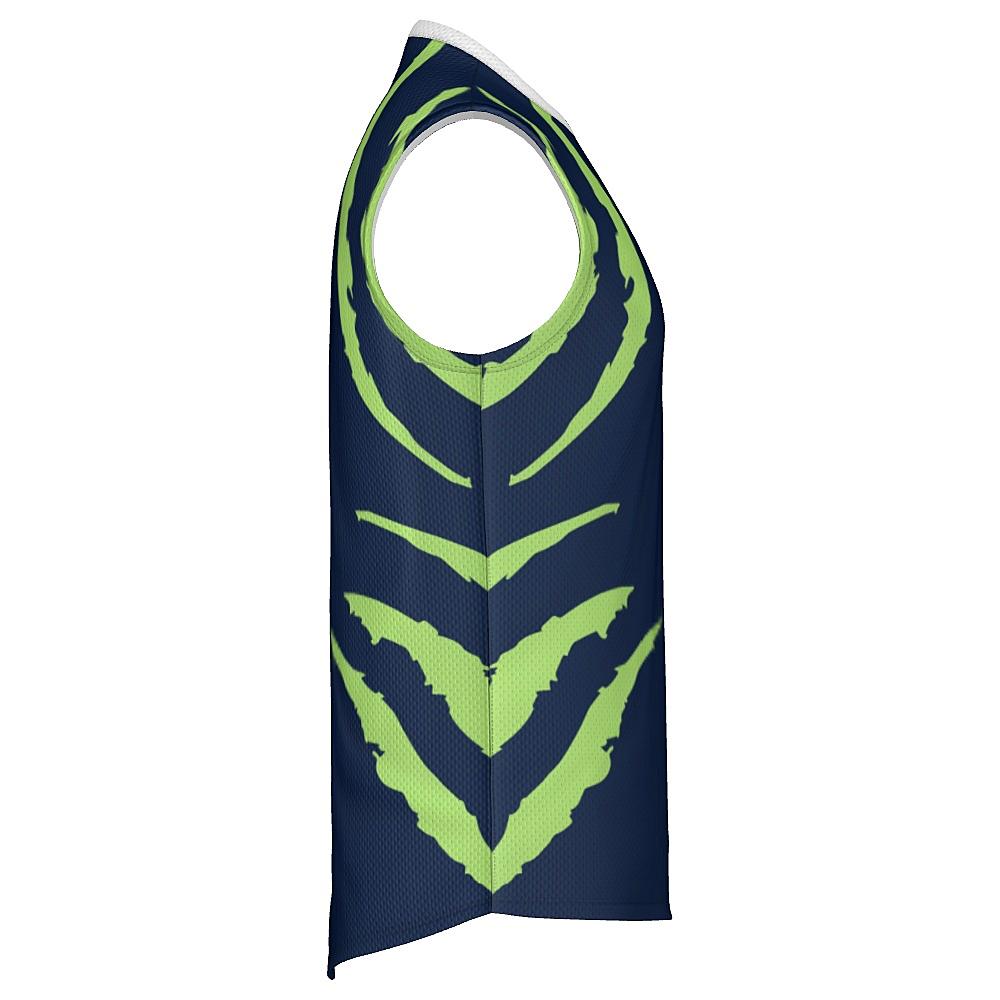 Blue sleeveless shirt with green accents on a white background