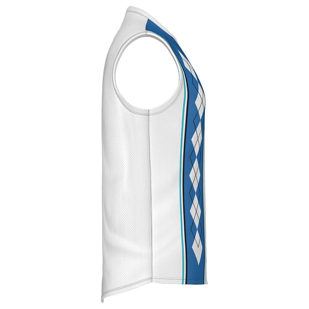 White sleeveless shirt with blue argyle design on a white background