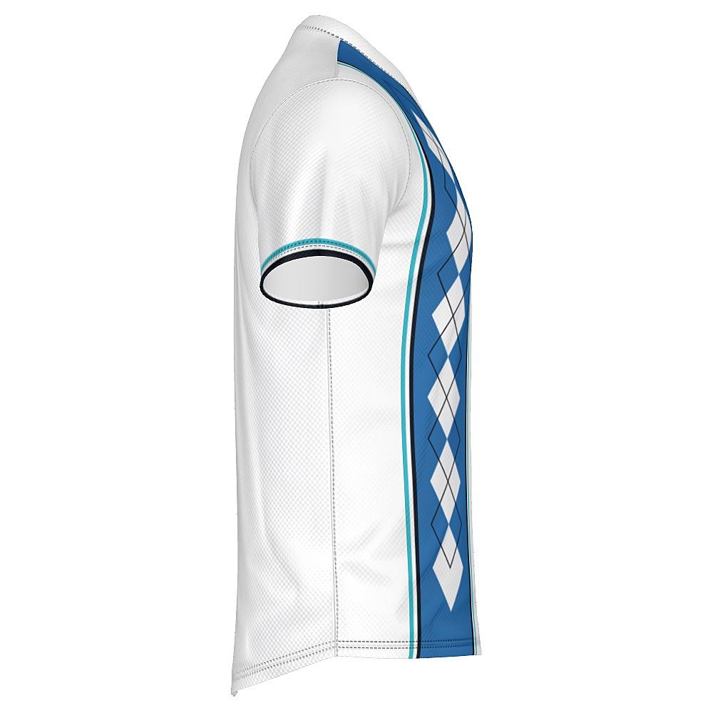 White shirt with blue argyle design on a white background