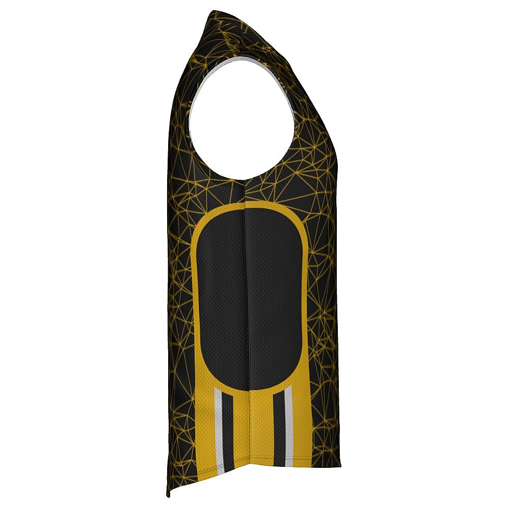 Black sleeveless shirt with yellow geometric design on a white background