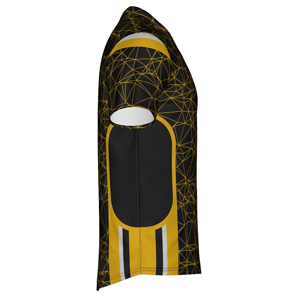 Black shirt with yellow geometric design on a white background