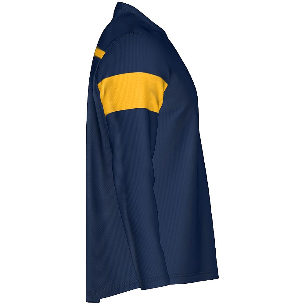 Navy long-sleeve shirt with yellow stripes on a white background