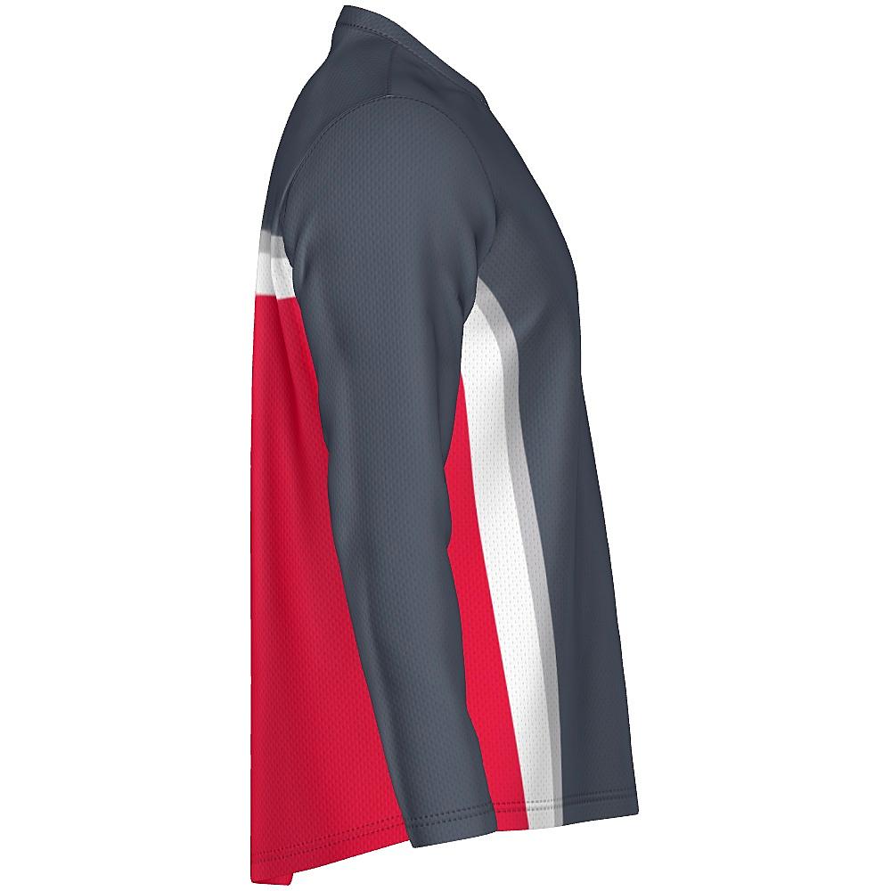 Grey long-sleeve shirt with white and red accents on a white background