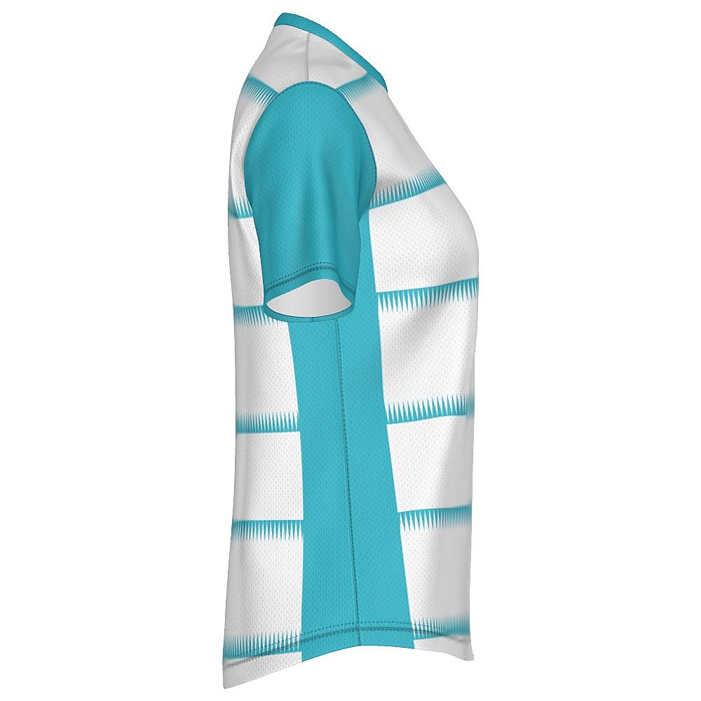 White shirt with teal sleeves and sawtooth stripes