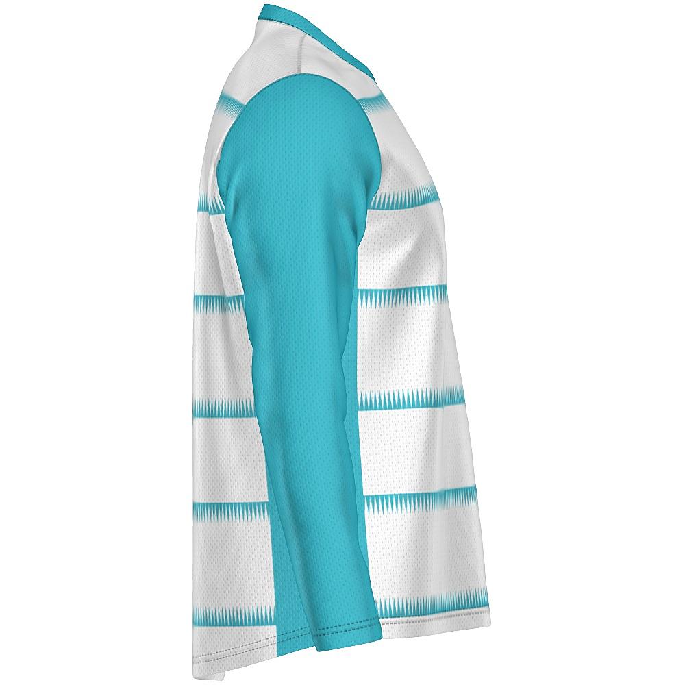 White long-sleeve shirt with teal sleeves and sawtooth stripes