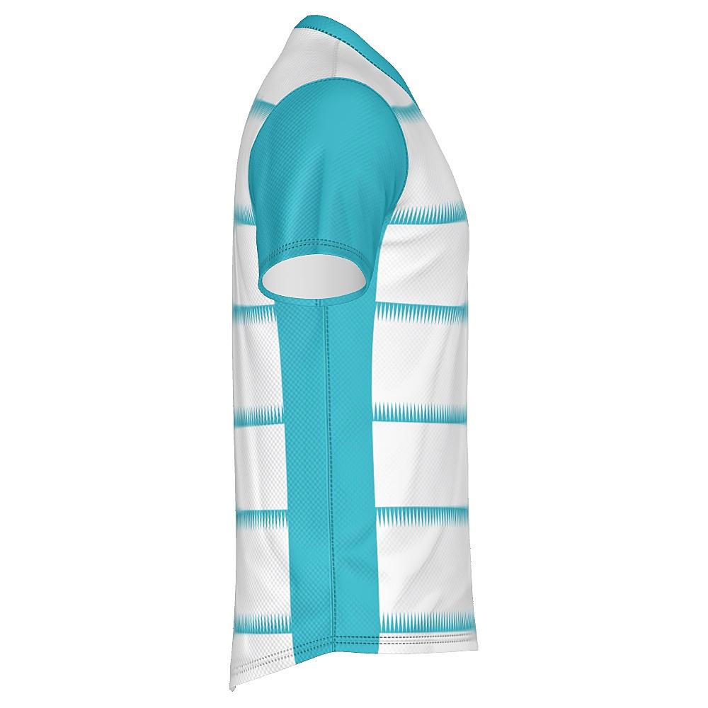 White shirt with teal sleeves and sawtooth stripes