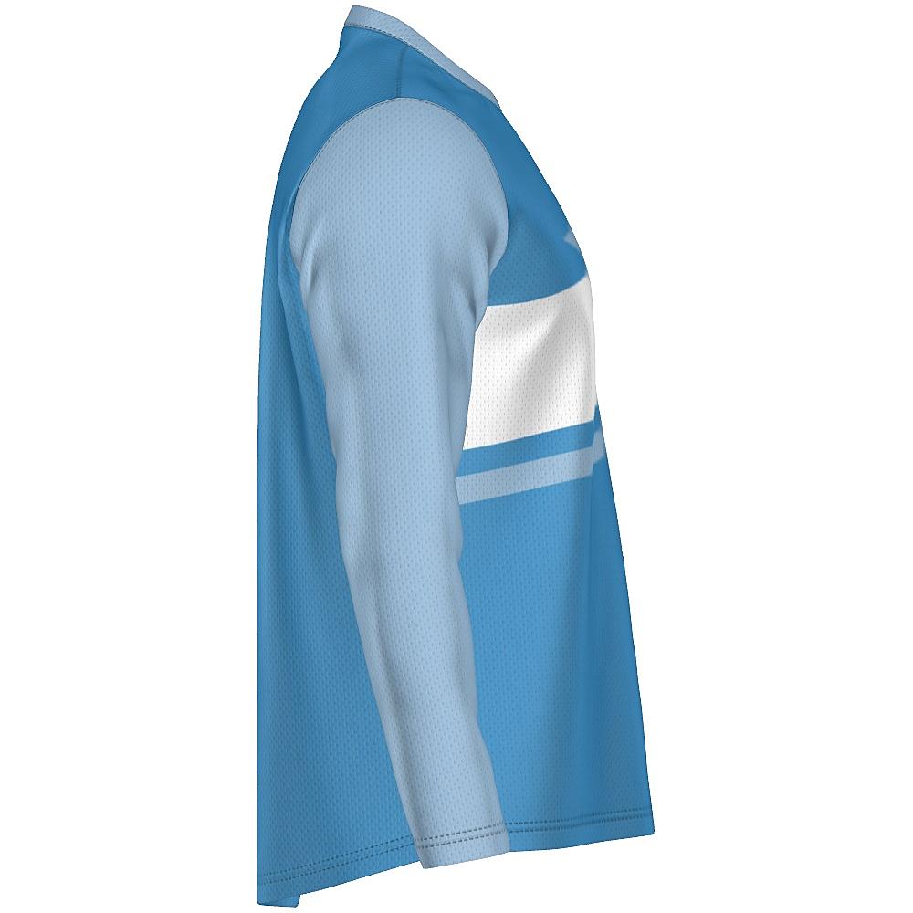 Blue long-sleeve shirt with contrasting sleeves and white horizontal stripe on a white background