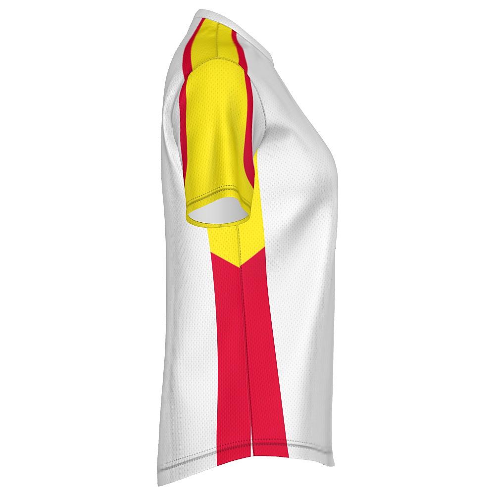 White shirt with yellow and red accents on a white background