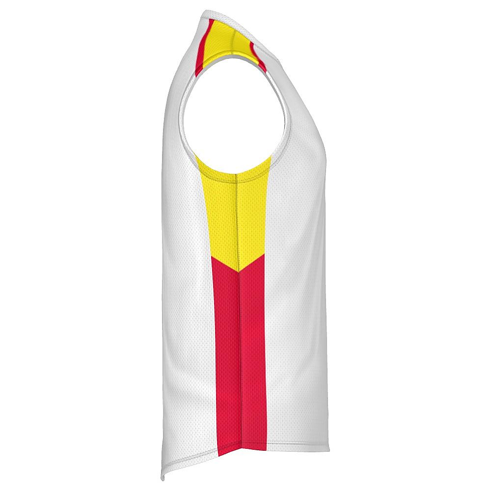 White sleeveless shirt with yellow and red accents on a white background