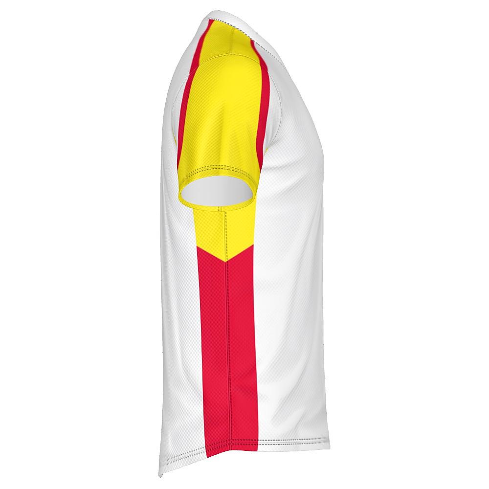 White shirt with yellow and red accents on a white background