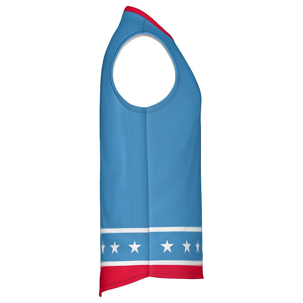 Blue sleeveless shirt with white stars and red stripes on a white background
