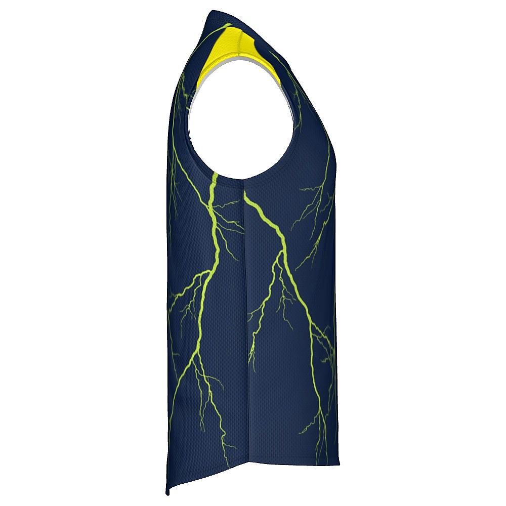 Navy sleeveless shirt with yellow shoulders and lightning design on a white background