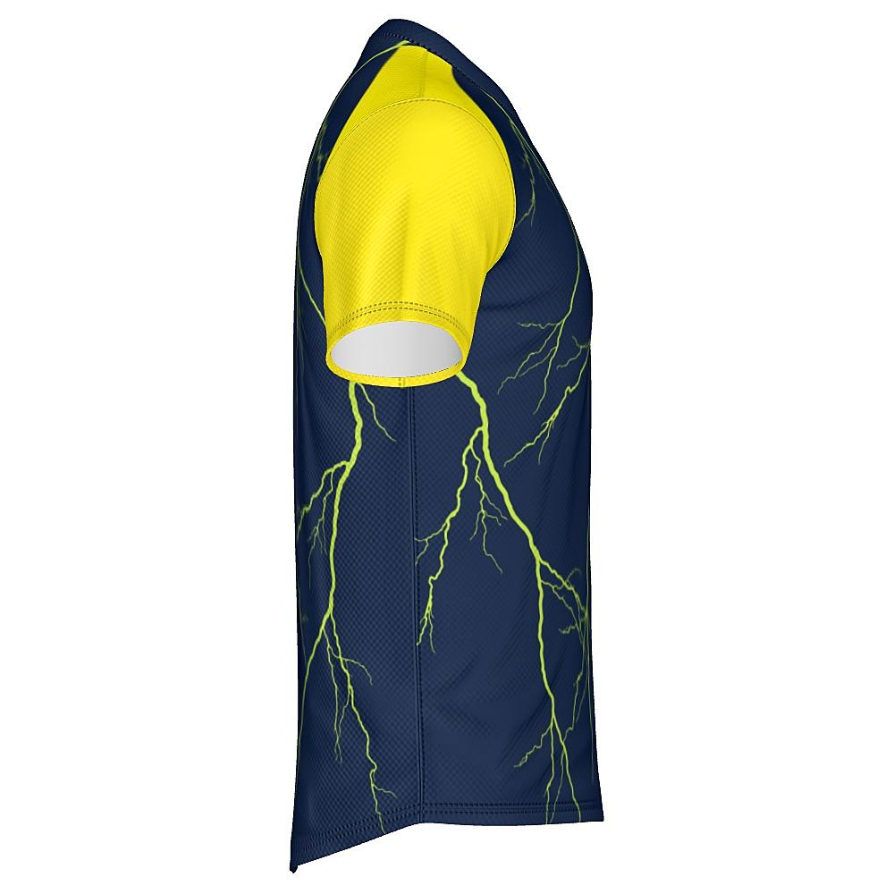 Navy shirt with yellow sleeves and lightning design on a white background