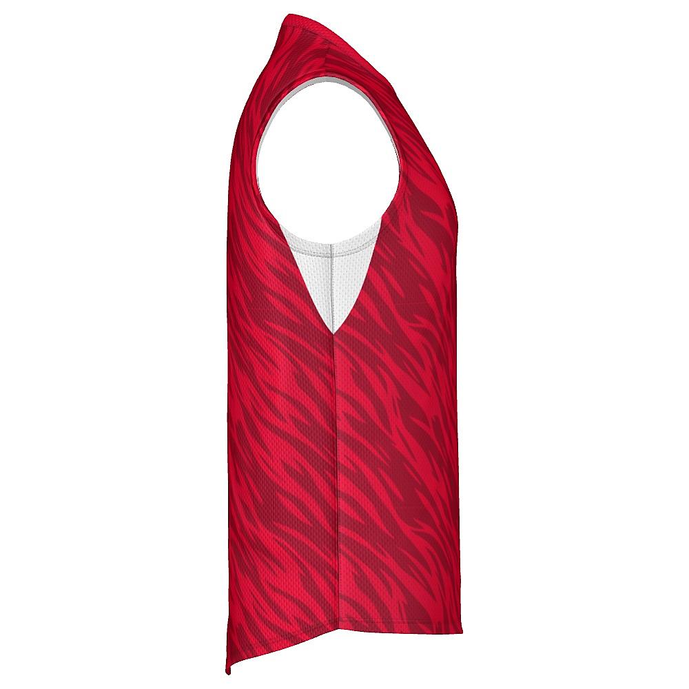 Red sleeveless shirt with wavy design and white accents on a white background