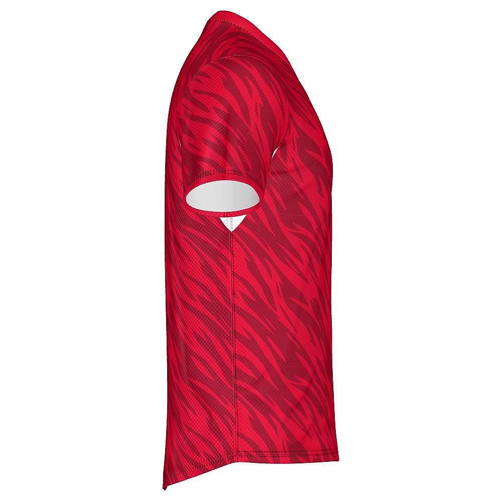 Red shirt with wavy design and white accents on a white background
