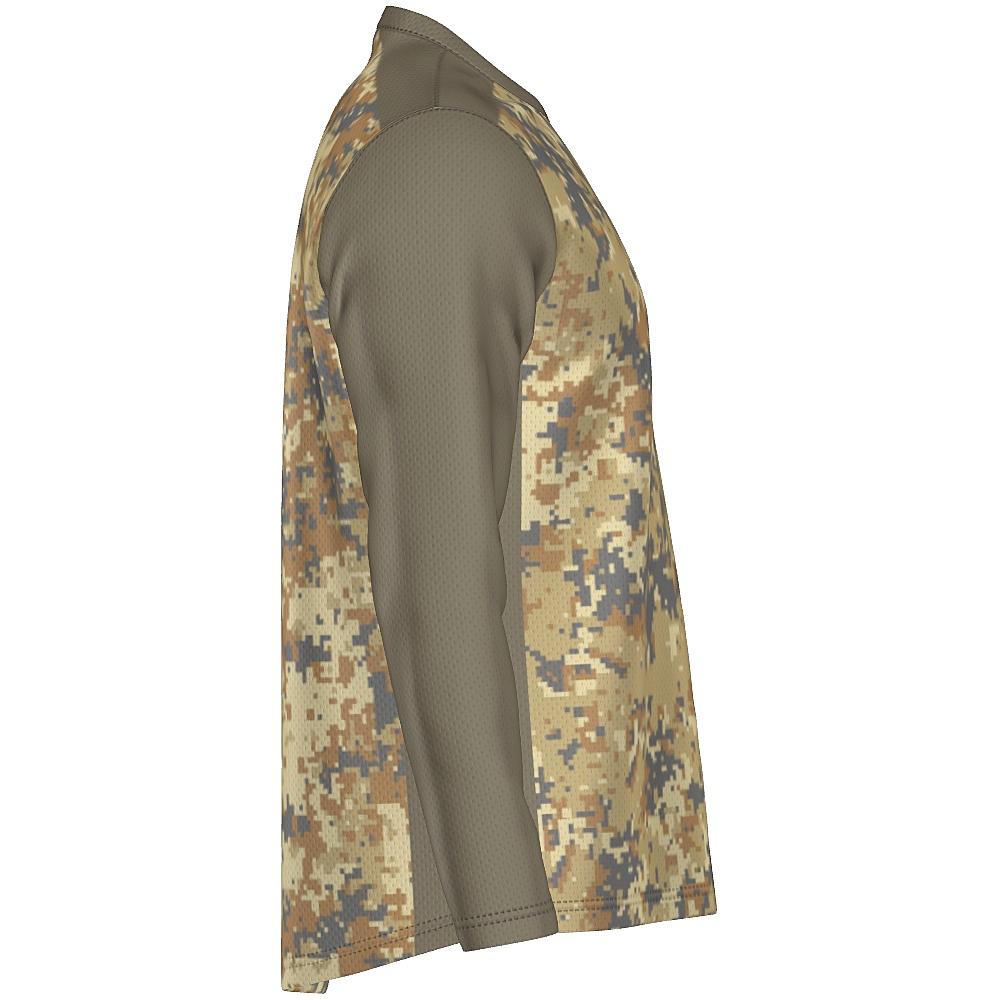 Earth-tone long-sleeve shirt with digital camo design on a white background