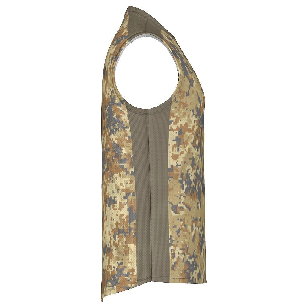 Earth-tone sleeveless shirt with digital camo design on a white background