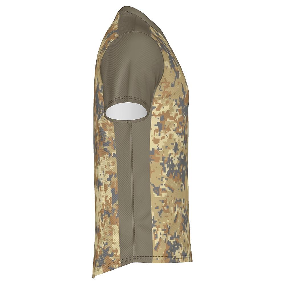 Earth-tone shirt with digital camo design on a white background