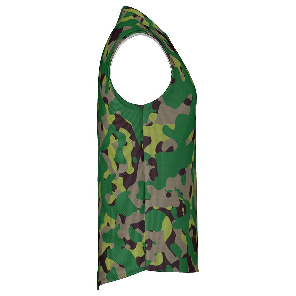 Sleeveless shirt with green camouflage design on a white background