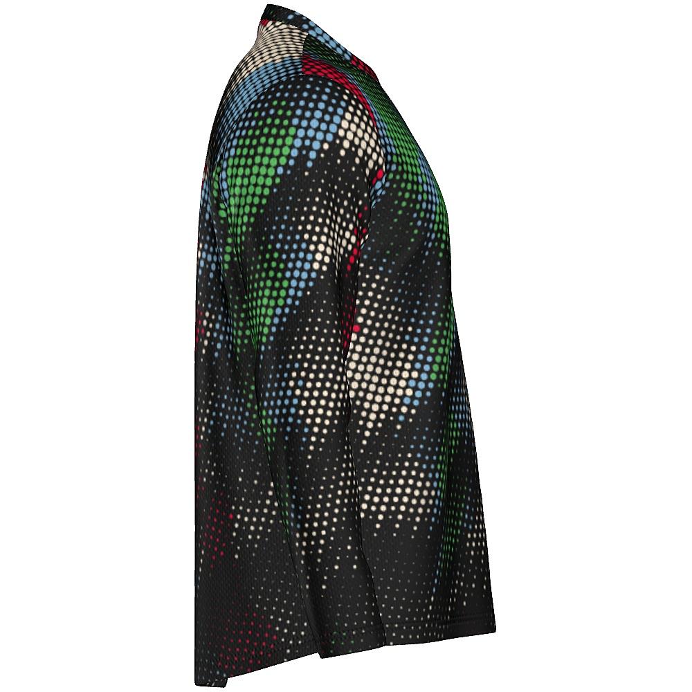 Black long-sleeve shirt with multicolored dot pattern on a white background