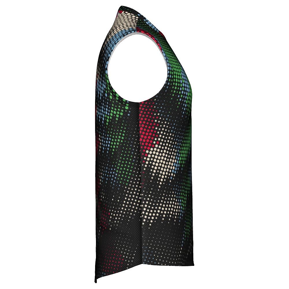 Black sleeveless shirt with multicolored dot pattern on a white background
