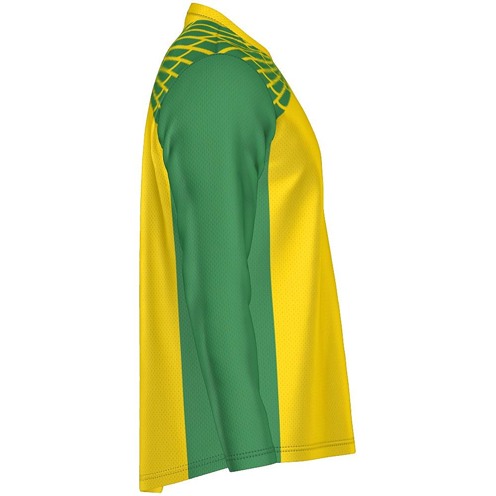 Yellow and green long-sleeve shirt with feather design on upper chest and back