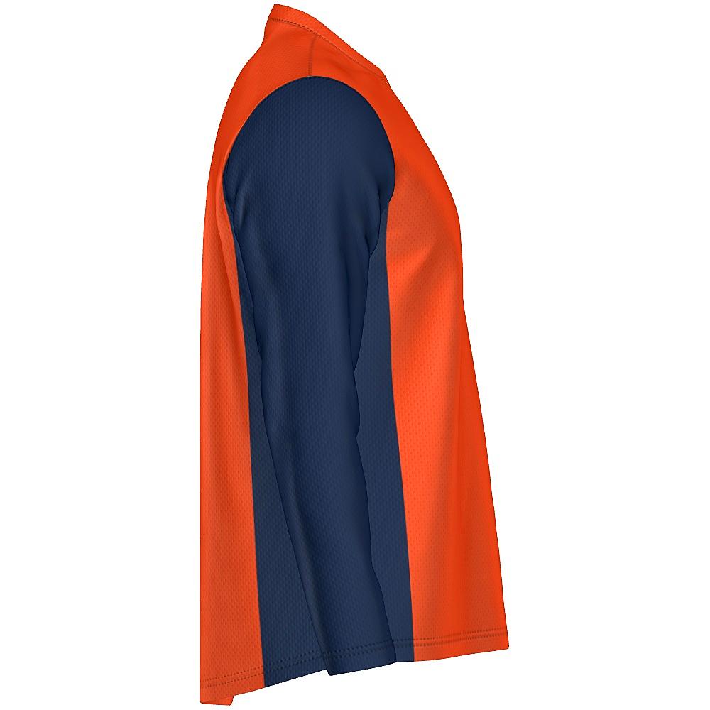 Navy and orange long-sleeve shirt on a white background