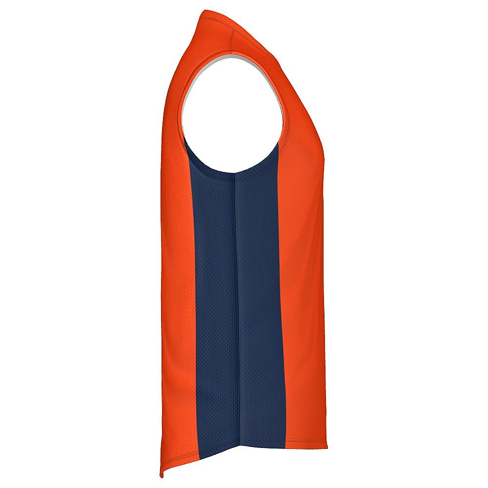 Orange sleeveless shirt with navy side panels on a white background