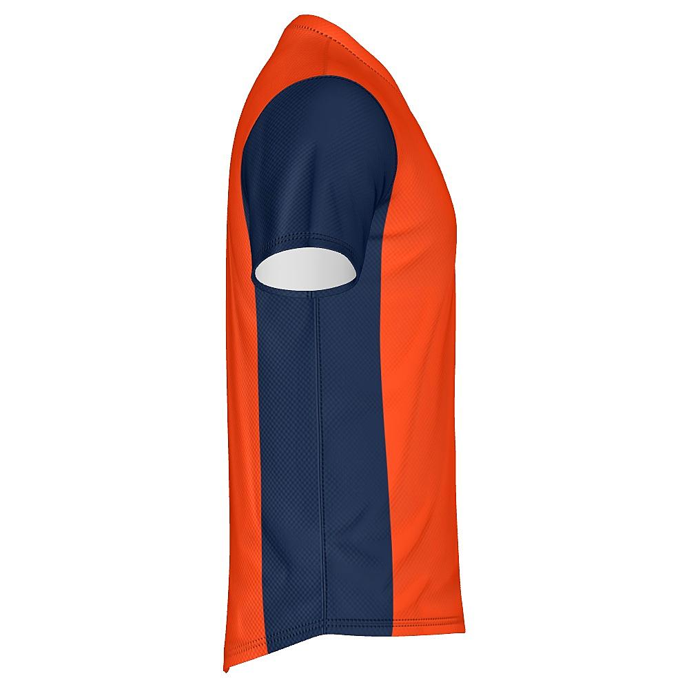 Orange shirt with navy sleeves and side panels on a white background