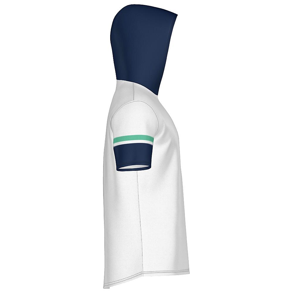 White short-sleeve hoodie with navy and green accents on a white background
