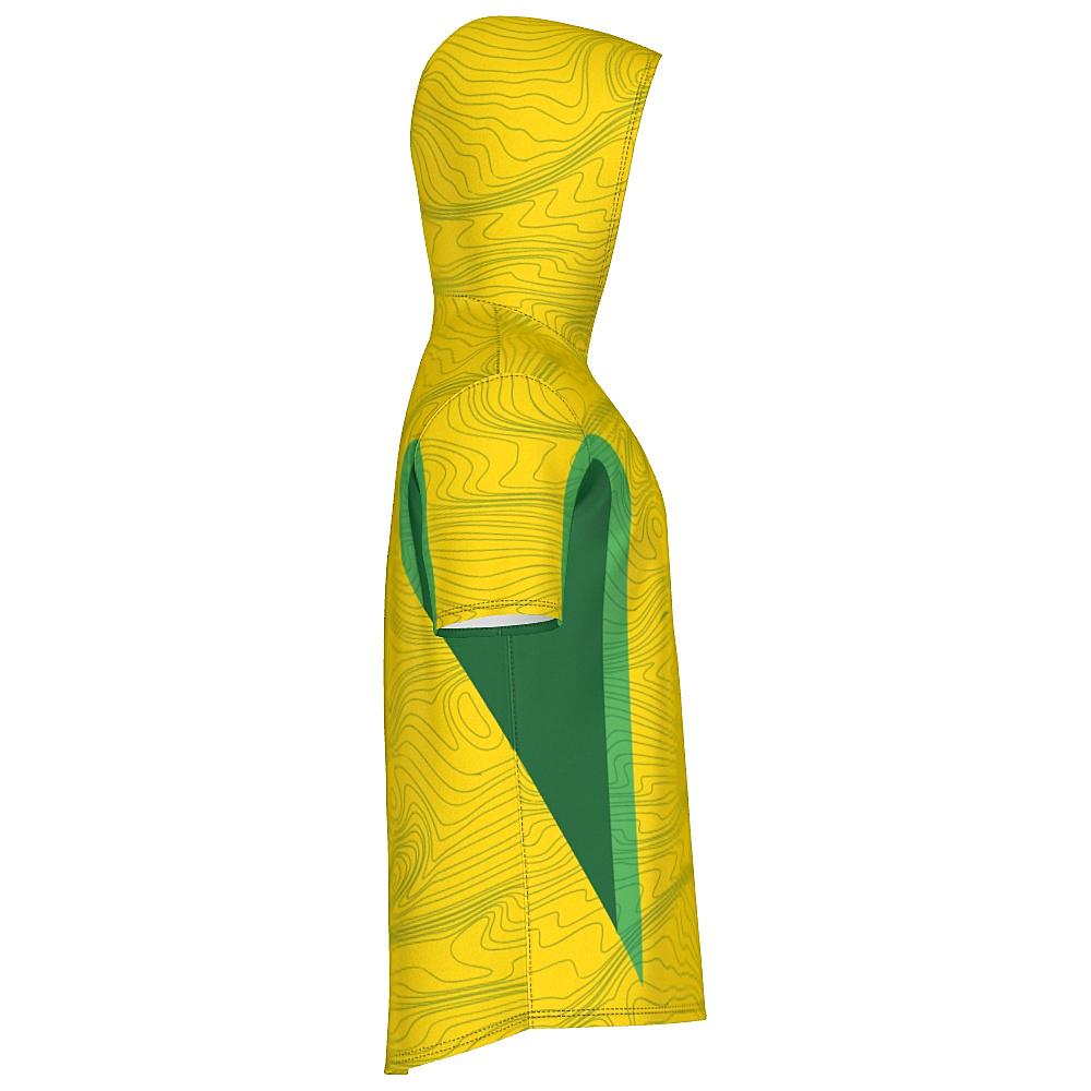 Yellow short-sleeve hoodie with topography design and green accents on a white background