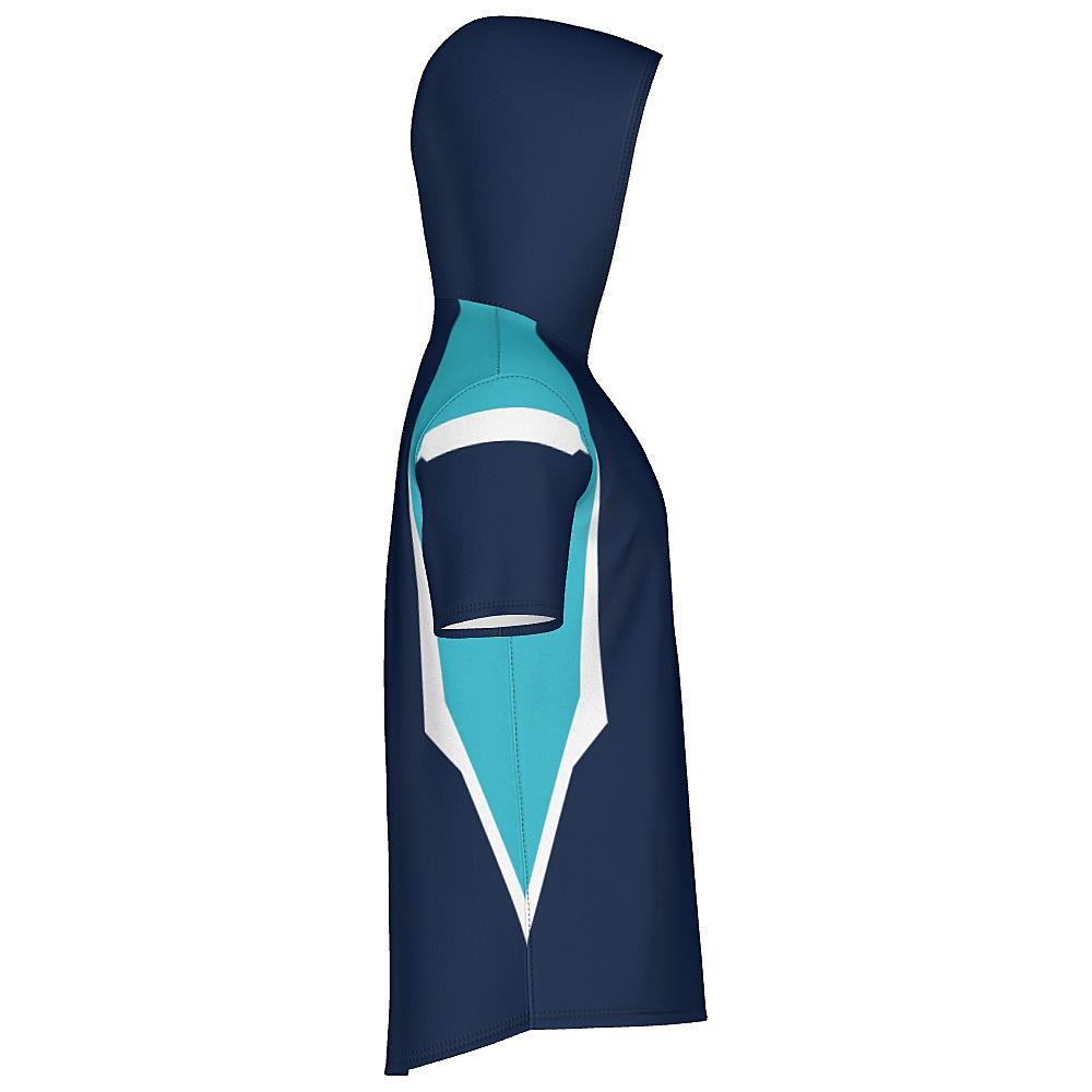 Navy short-sleeve hoodie with light blue and white accents on a white background