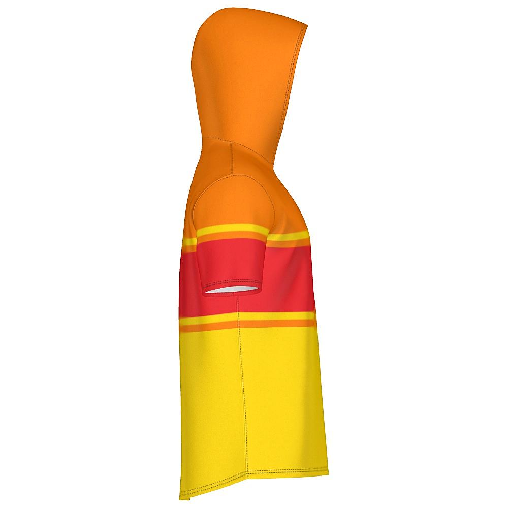 Red, orange and yellow short-sleeve hoodie on a white background