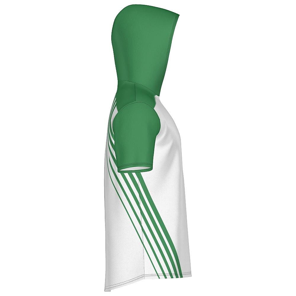 White short-sleeve hoodie with green accents on a white background
