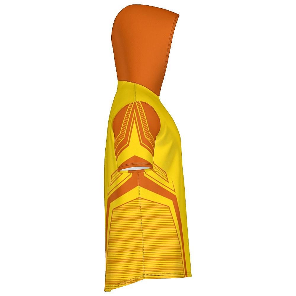 Yellow short-sleeve hoodie with orange accents on a white background
