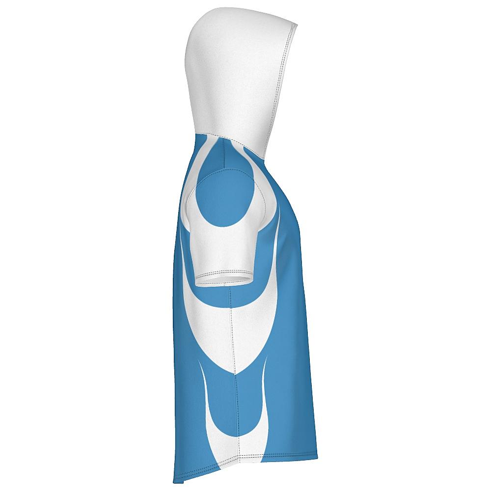 Blue short-sleeve hoodie with white accents on a white background