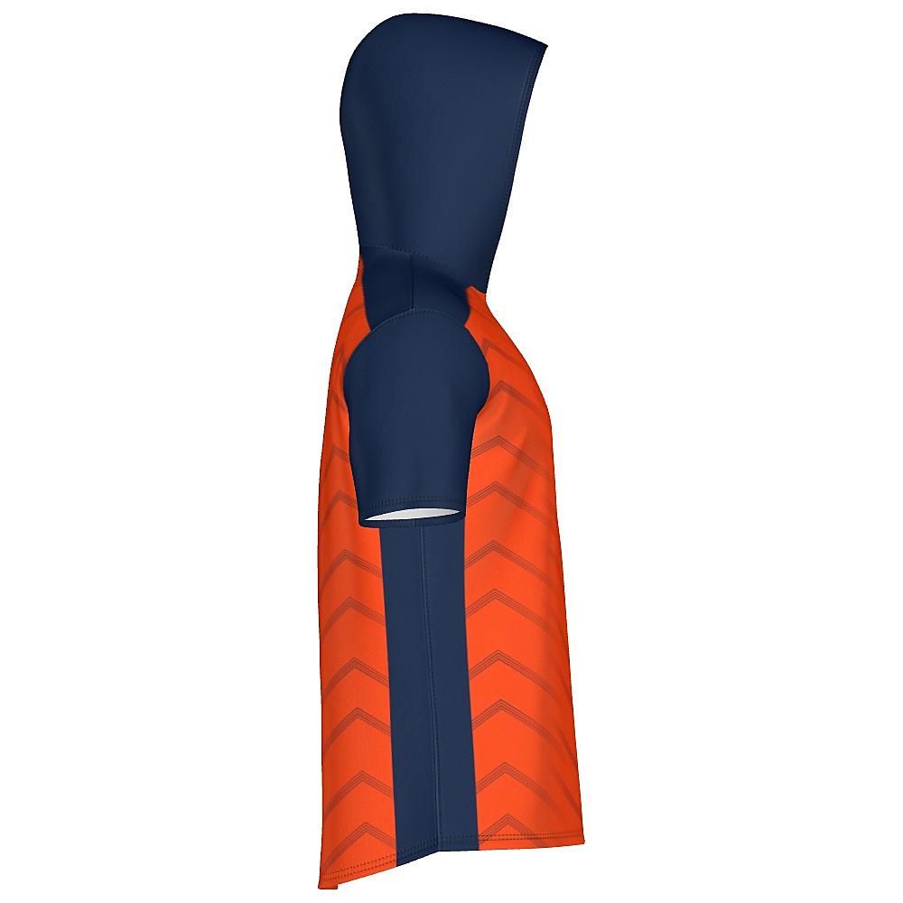 Orange short-sleeve hoodie with navy accents and chevron design on a white background