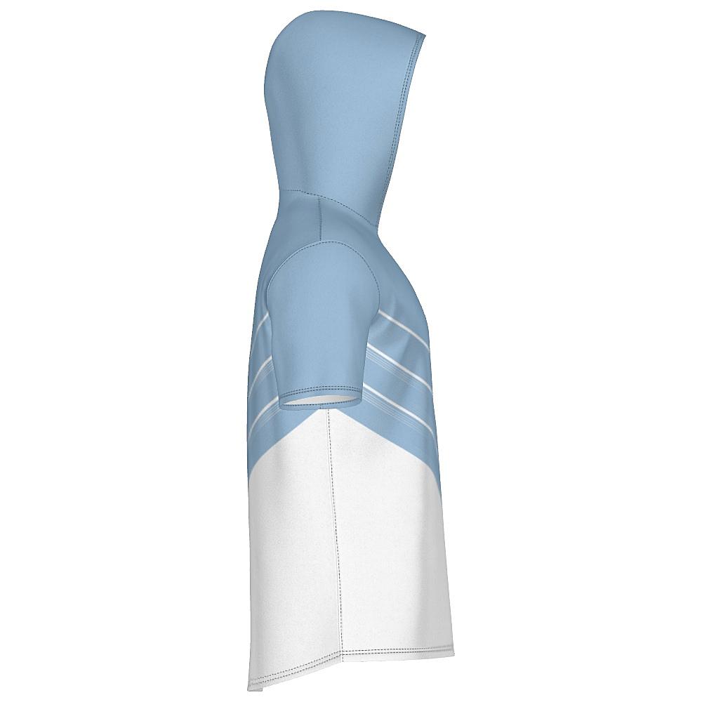 Blue and white short-sleeve hoodie with chevron design on a white background