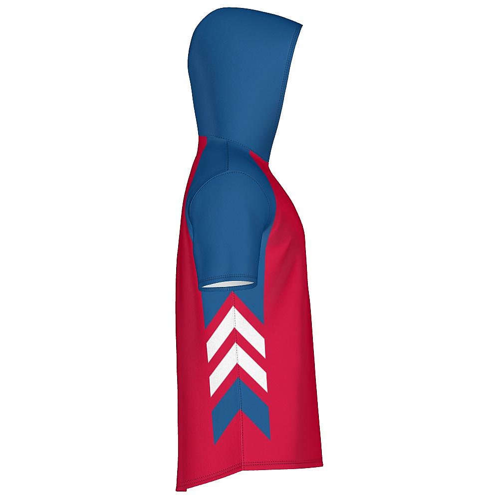 Red short-sleeve hoodie with blue and white accents on a white background