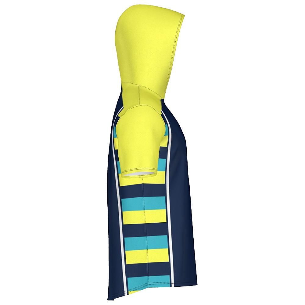 Navy short-sleeve hoodie with yellow sleeves and striped side panels on a white background