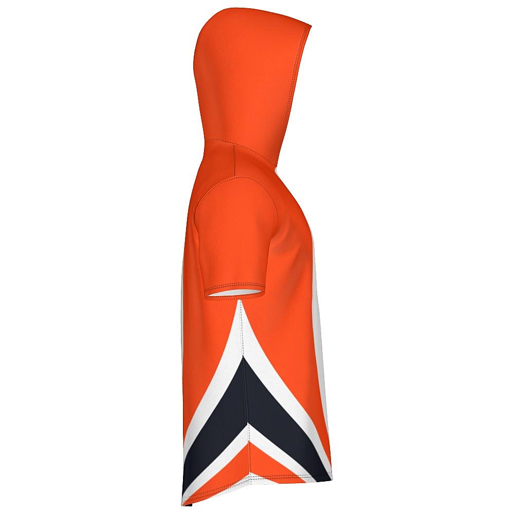 White short-sleeve hoodie with black and orange curved stripes on a white background