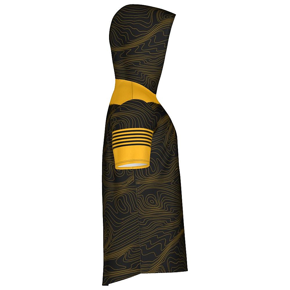 Black short-sleeve hoodie with yellow accents and topographic design on a white background