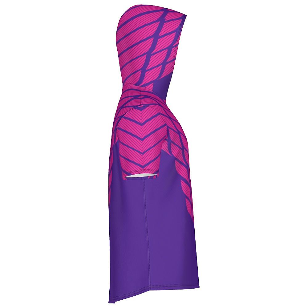 Pink and purple short-sleeve hoodie with striped design on a white background