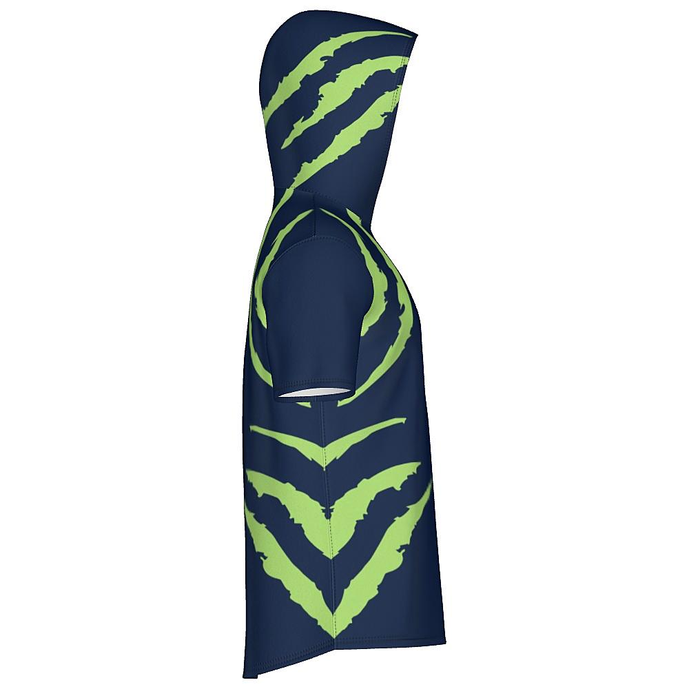 Blue short-sleeve hoodie with green accents on a white background