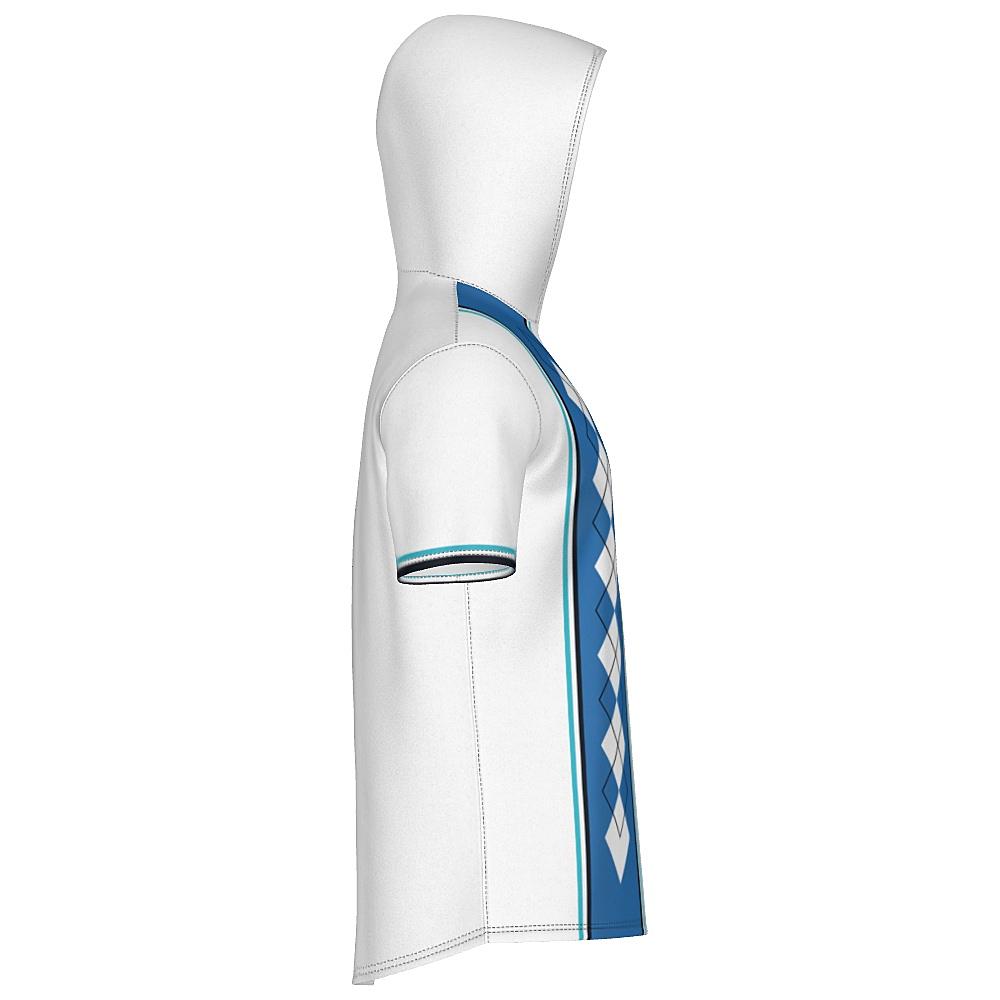 White short-sleeve hoodie with blue argyle design on a white background