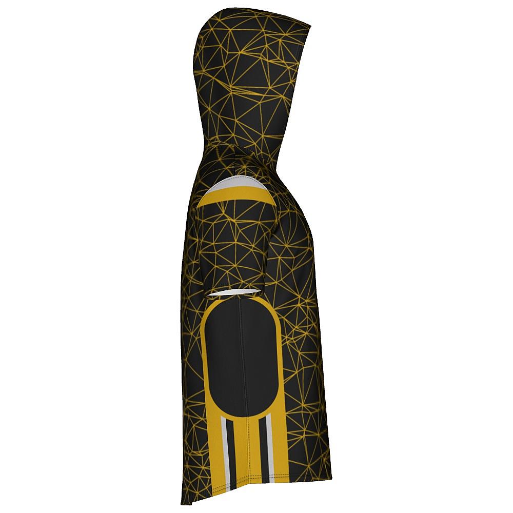 Black short-sleeve hoodie with yellow geometric design on a white background