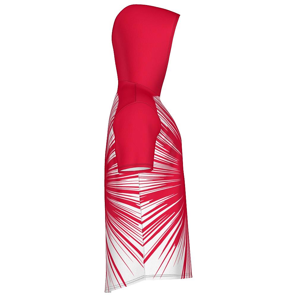 Red short-sleeve hoodie with starburst design on a white background